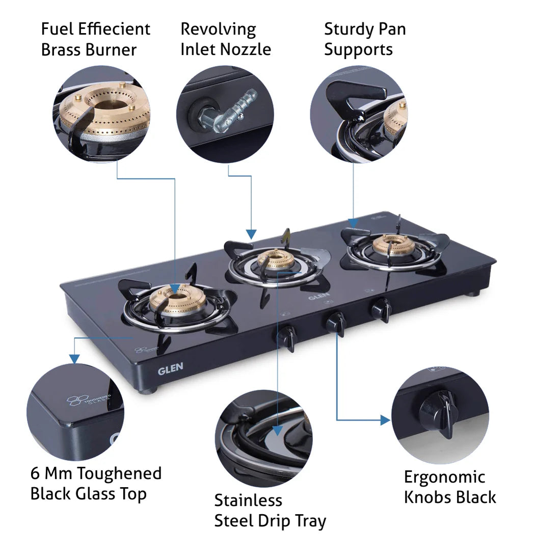 3 Burner Glass Gas Stove with High Flame Brass Burner Extra Large Black (CT1033GTXLBBBL) - Manual/ Auto Ignition