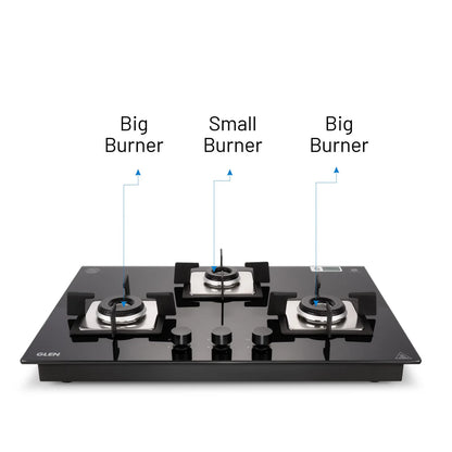 3 Burner Glass Hob Top with with Italian Double Ring Burners Auto Ignition (BH 1073 SQ HT IN 70)