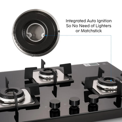 3 Burner Glass Hob Top with with Italian Double Ring Burners Auto Ignition (BH 1073 SQ HT IN 70)