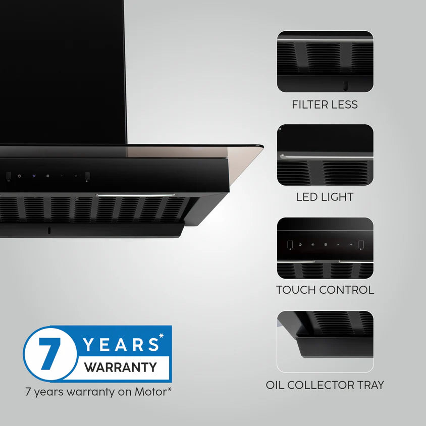 Auto Clean Glass Filter less Kitchen Chimney with Motion Sensor 1200 m3/h (6062 BL Auto Clean 90cm)