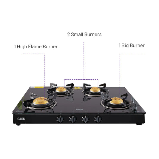 4 Burner Glass Gas Stove with High Flame Brass Burner - Manual/Auto Ignition (CT1048GT)