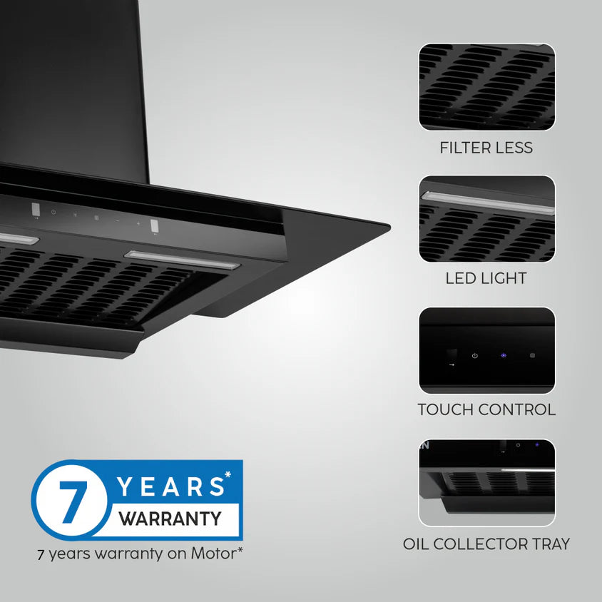 Auto Clean Slim Glass Filter less Kitchen Chimney with Motion Sensor 90cm, 1200 m3/h (6062 SLIM BL AC)