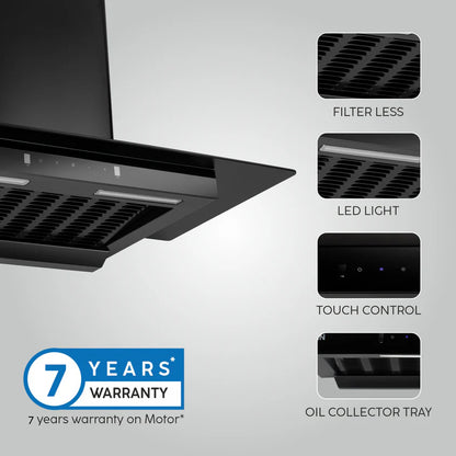 Auto Clean Slim Glass Filter less Kitchen Chimney with Motion Sensor 90cm, 1200 m3/h (6062 SLIM BL AC)